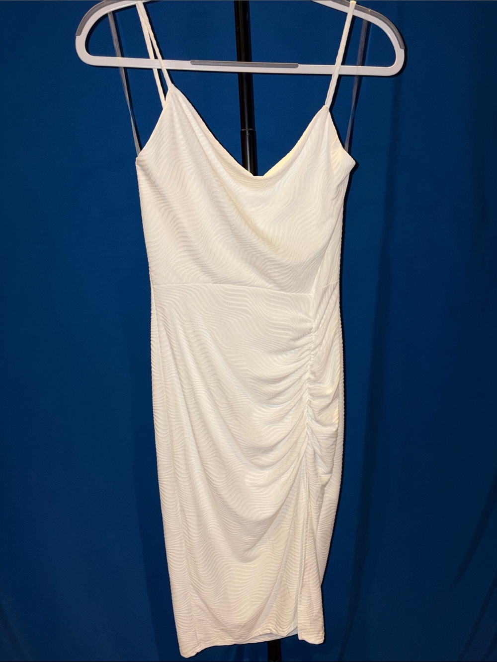 White Ruched Cowl Midi Dress with Spaghetti Straps